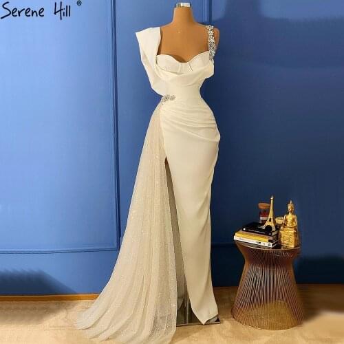 Serene Hill Ivory Satin Split Evening Dresses Gowns 2021 One Shoulder Beading Sexy For Women Party LA70886