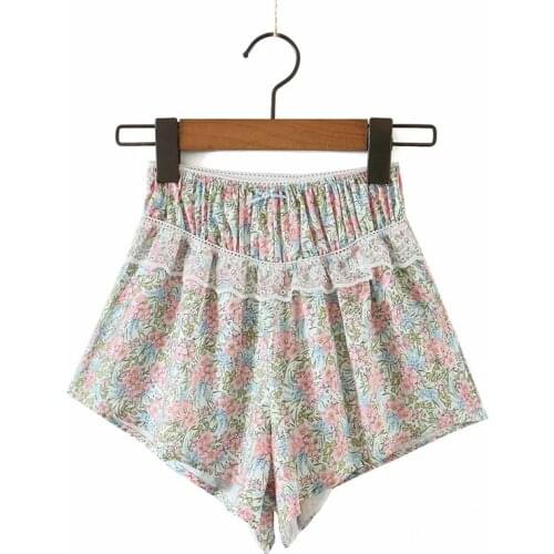 Merodi Chic Lady Fashion Patchwork Around Lace Floral Print Summer Shorts Women Cute Bow Elastic High Waist Chiffon Short Pants