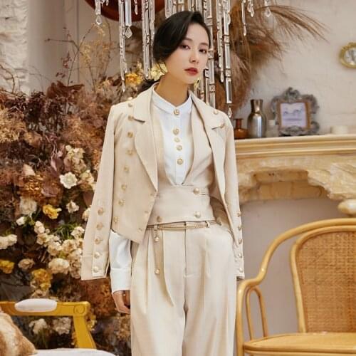 AKSAYA Women Four Piece Set Neutral Handsome Suit Brithish Vintage Elegant Pantsuit Female Summer Popular Outfits Blouse Suits