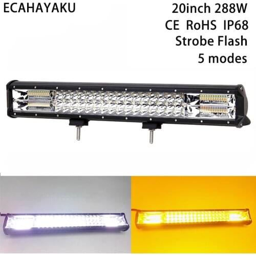 ECAHAYAKU 20inch Car Led Light Bar Combo Beam Strobe Amber/White 288W Led Bar for Tractor Boat Offroad 4x4 Truck SUV ATV Trailer