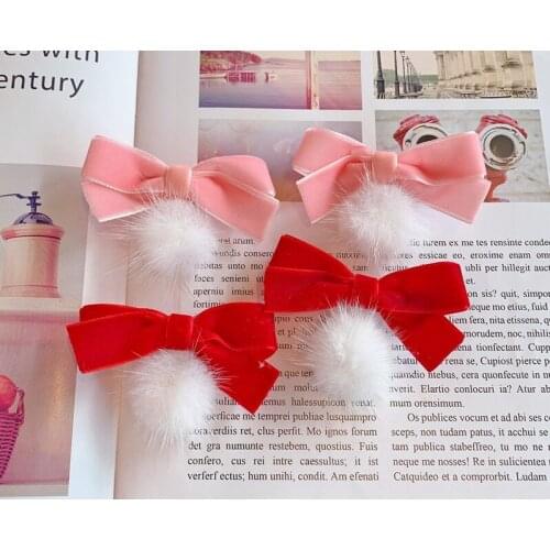 10pcs Fashion Cute Fur Pom Pom Ribbon Bow Hairpins Velvet Bowknot Hair Clips Princess Xmas New Year Headwear Hair Accessories