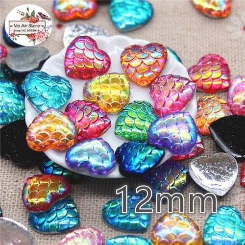 100pcs 12mm shiny AB color figure of fish scale heart Resin Flat back Cabochon Art Supply Decoration Charm Craft