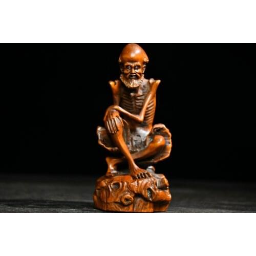 5" China Lucky Seikos Boxwood Skinny Arhat Buddha Statue Snow Mountain Brahman Snow Mountain Tuas Dharma Enshrine the Buddha