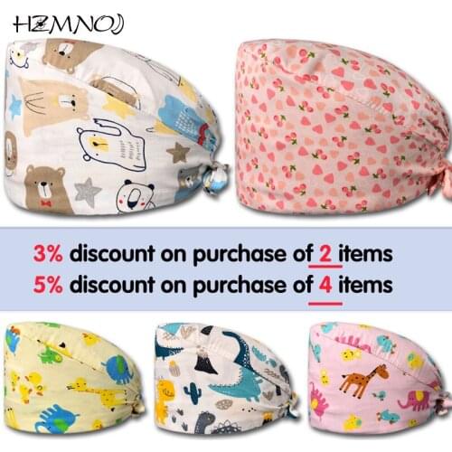 Fashion New Womens Mens Pure Cotton Surgical Cap with Adjustable Fluffy Print Printing Work Nursing Dental Office Scrub Cap