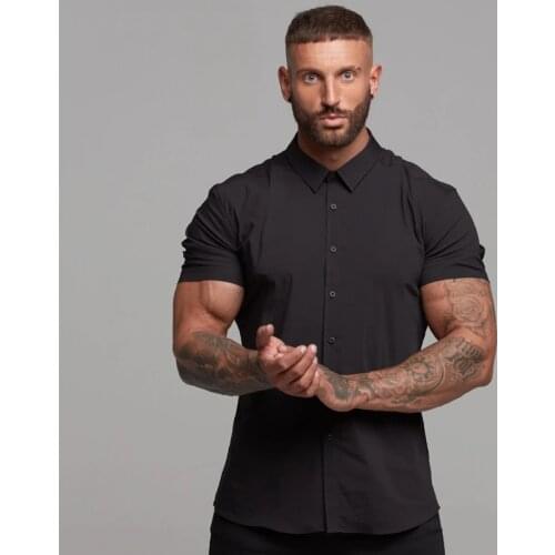 Summer Fashion Short Sleeve Shirt Men Solid Fitness Mens Button Turn-down Collar Super Slim Fit Business Dress Shirt Gym Tops