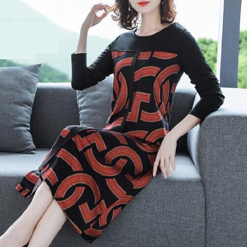 2019 Autumn Plus Size Dress New Women Fashion Elegant Long Sleeve O-neck Printed Maxi Dress Casual Dress Female Vestidos
