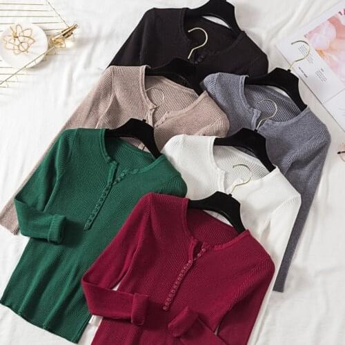 Pullovers Knit Jumper Ladies Tops 2021 Autumn Winter Button V Neck Sweater Women Basic Slim Pullover Women Sweaters