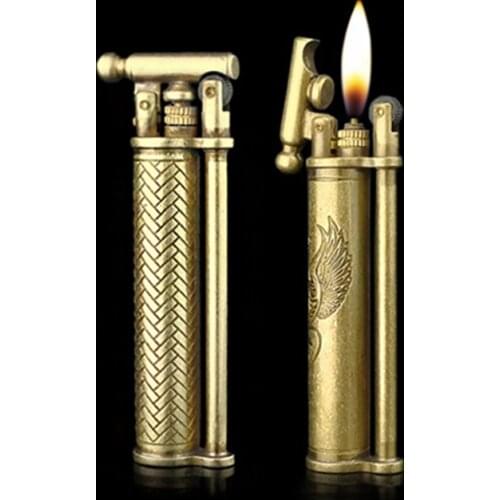 Retro copper gas inflatable lighter old-fashioned slender HAND MADE brass cigarette lighter