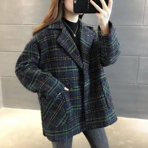 Wool Coat Women Autumn Winter Outerwear 2021 New Plaid Windbreaker Jackets Fashion Thicken Woolen Jacket V-Neck Overcoat Female