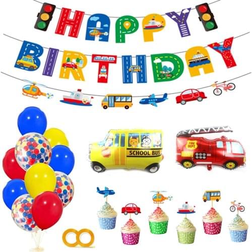 Boys Car Transport Decoration Happy Birthday Banner Colored Confetti Balloons School bus Fire truck Party Transport Vehicles