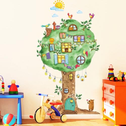 Cartoon Tree House Vinyl Wall Stickers for Kids Kindergarten Baby Room Wall Decoration Home Decor Art Decals Mural 65*120cm