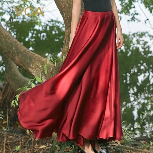 VOA 100% Silk Double-sided Satin Natural Waist Wine Red Hidden Side Zipper Gorgeous Luster Luxury Elegant Woman Skirts CE103