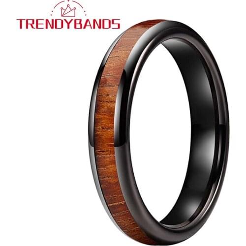 4MM Black Wood Inlay Tungsten Rings Mens Womens Wedding Band Domed Polished Shiny Comfort Fit