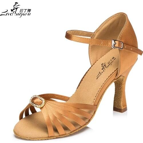 Ladingwu New brown Ribbon Collocation Rhinestone buckle Latin Dance Shoes Womens Sandals Soft Bottom Ballroom Party Dance Shoes