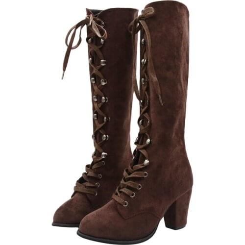 New Design Autumn Ladies Boots Winter Lace Up Mid Calf Cross Strap High Heel Boots Fashion Ladies Shoes