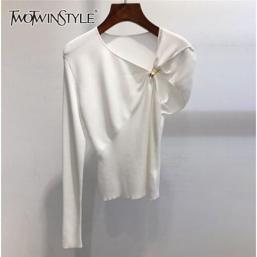 TWOTWINSTYLE Asymmetrical Solid Sweater For Women Irregular Collar Long Sleeve Slim Knitted Tops Female Fashion New Clothing