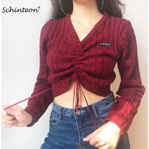 Schinteon Women Preppy Style Knitted Pullover Sweater V-Neck Knitting Short Slim Top Lace up Knitwear New
