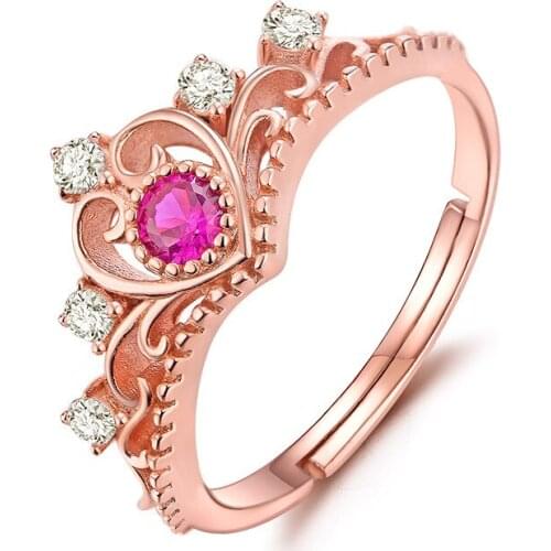 Fashion Classic Adjustable Size Crown Shape Engagement Ring For Women High Quality Pink Stone Finger Ring