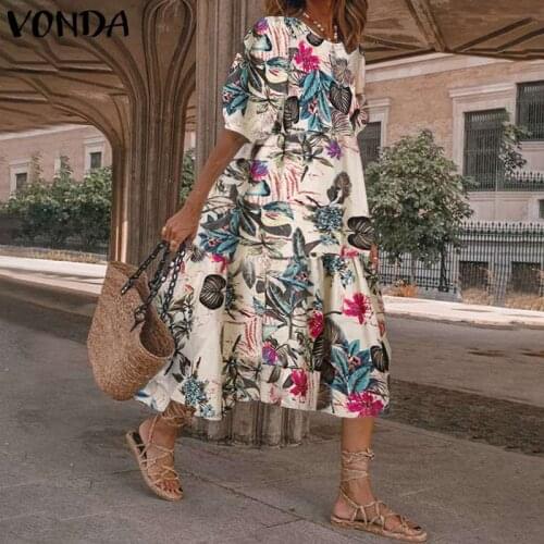 Womens Dress Summer Bohemian Long Dresses Short Sleeve Sundress Floral Printed Party Dress VONDA Casual Robe Femme