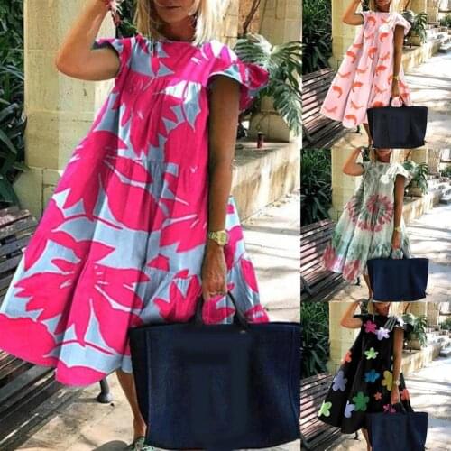 Women Dress Summer 2020 Casual Summer O Neck Short Sleeve Floral Print Large Hem A Line Dress Vestidos Fashion Clothing