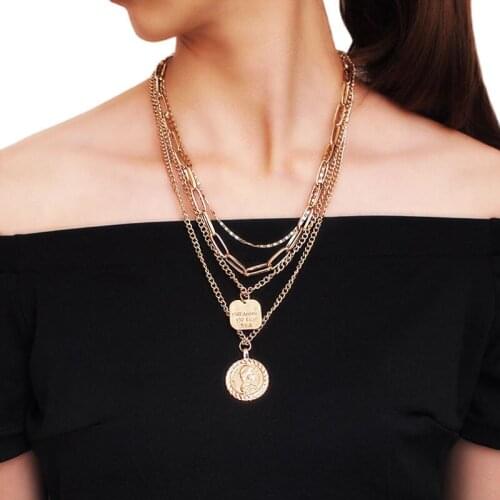 Gold Color Geometric Queen Head Pendants & Necklaces For Women Bohemian Retro Carved Coin Necklace Fashion Jewelry A667