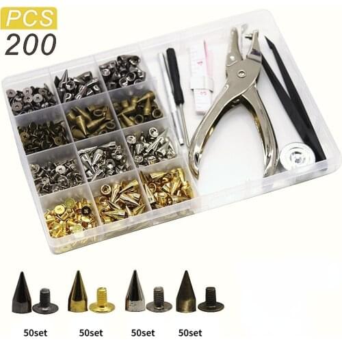 200 Sets Punk Rivet Screw Back Studs and Spikes Kit with Tools Leather Craft Bullet Cone DIY Gothic Leather Collar Bracelet Cool