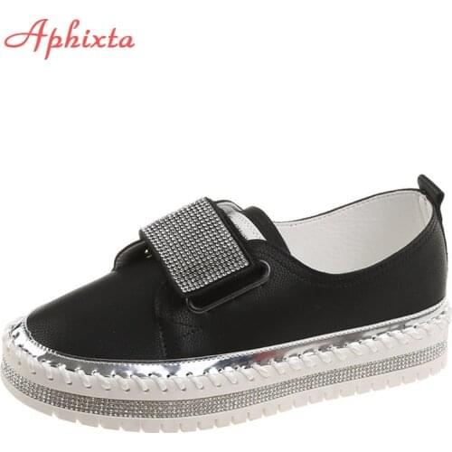 Aphixta Crystal Design Flat With Shoes Women Loafers Flats Leather Couple Fashion Platform Woman Hook & Loop Students Shoes