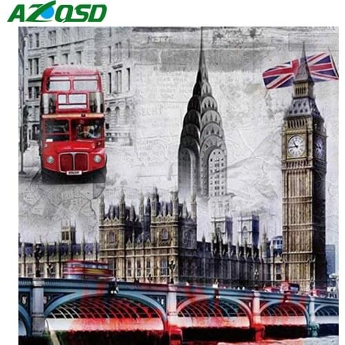 AZQSD Diamond Painting City Tower Bus Cross Stitch Rhinestone Full Square Diamond Embroidery Landscape Mosaic Home Decor