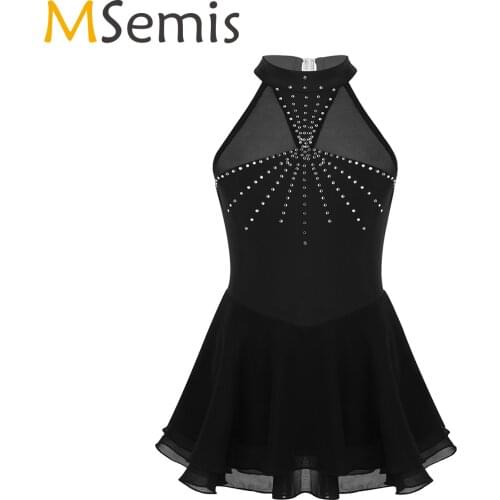 Kids Girls Sleeveless Halter Sparkly Rhinestone Splice Gymnastics Leotard Figure Ice Skating Ballet Dress Performance Dancewear