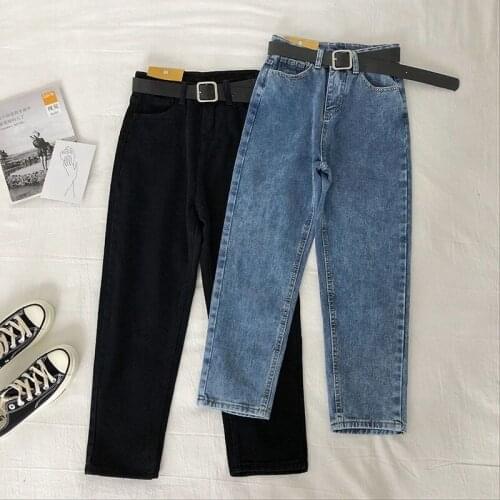 Vintage High Waist Jeans Women Solid Straight Pants Loose Casual Plus Size Solid Color Blue Denim Trousers Pantalon Femme Belt