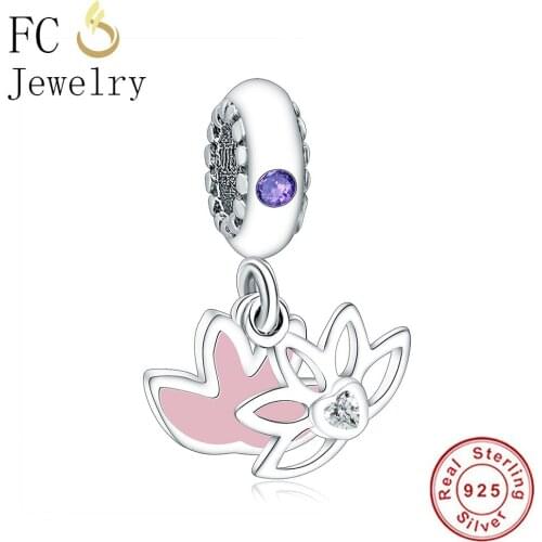 FC Jewelry Fit Original Brand Charm Bracelet 925 Sterling Silver Couple Pink Enamel Lotus Beads For Making Women Berloque 2021