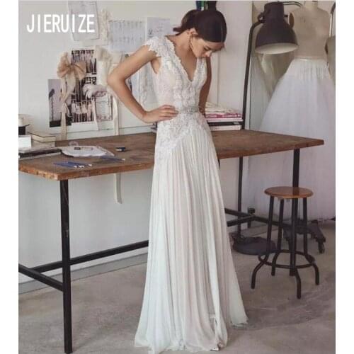JIERUIZE Sheath Wedding Dresses Deep V Neck Backless Lace Appliques Crystal Bash Bridal Gowns Cap Sleeves robe de mariee