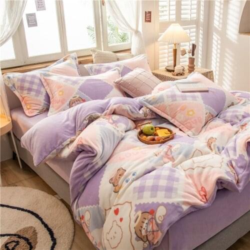 Purple and white cartoon Beibei bear soft velvet comfortable quilt cover home textile coral velvet single quilt cover pillowcase
