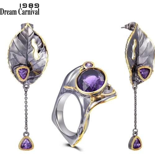 DreamCarnival1989 New Arrived Exaggerated Gothic Ring Earrings Set Women Party Must Have Purple Zirconia Unique Jewels ER11775S2