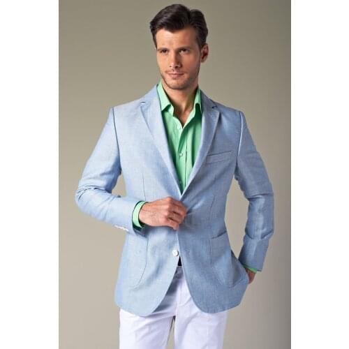 New Arrival Custom Summer Light Blue Blazer White Pants Linen Men Suits Beach Wedding Prom Tuxedos Groomsman Wear Best Man Suit