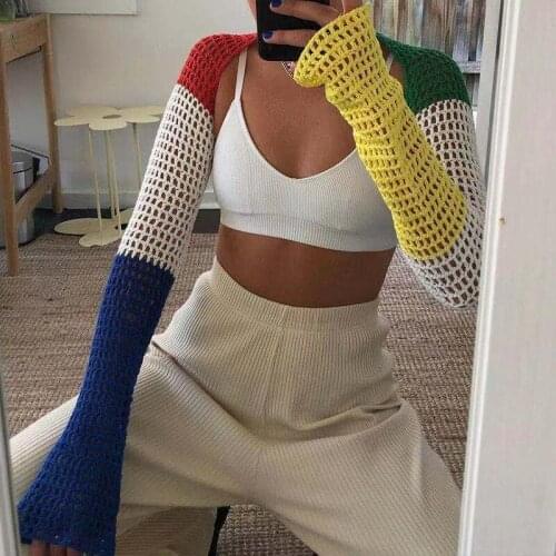 OMSJ High Fashion Street Style Knitted Vest Cover Up Top Shawl For Women Full Sleeve Color Patckwork Hollow Out Causal Short Tee