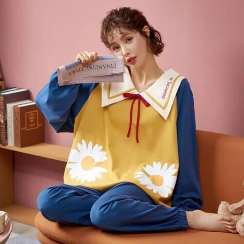 Pajama Set Female Autumn And Winter Net Red Hot Style Knitted Cotton Long-Sleeved Sweet Two-Piece Suit Casual Loose Home Service