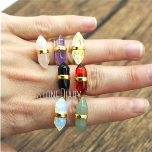 RM11527 10Pcs Jades, Rose Quartzs, Red Glass Crystal Ring Gold Color Faceted Double Terminated Point Ring For Sale Adjustable