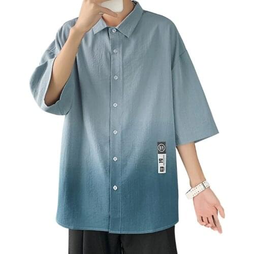 Mens Summer Short Sleeve Button Down Shirts Harajuku Gradient Color Printed Loose Blouse Casual Lapel Holiday Streetwear