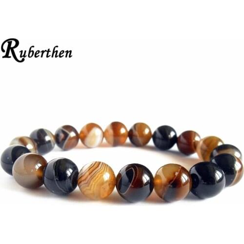 Ruberthen 10mm Brown Banded Agates Stretch Bracelet High Quality Mens Beaded Bracelet Men`s Mala Yoga Bracelet