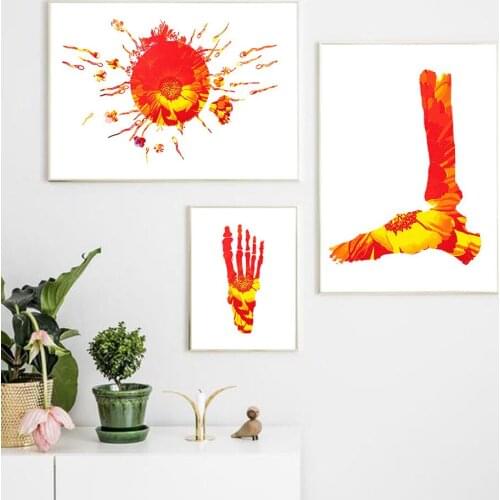 Nordic Poster Canvas Botanical Bright Color Red Flower Heart Hand Feet Painting Art Print Wall Picture Living Bedroom Home Decor