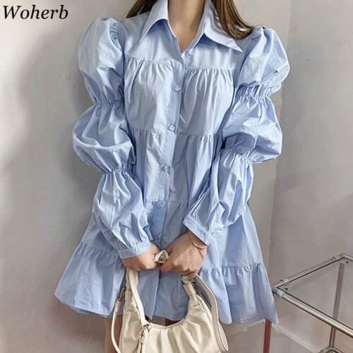 Woherb 2021 Long Sleeve Korean Dress Women Puff Sleeve Elegant Female Dresses Vintage Solid Autumn Office Lady Mini Vestidos