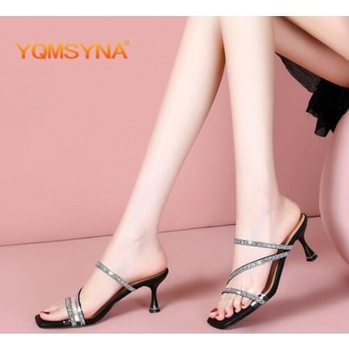 YQMSY Fashion Women Slippers Elegant Thin Heels Bling Rivet Transparent Foot Strap Slippers Handmade Outside Ladies Shoes AS171