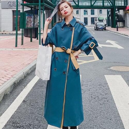 Womens Windbreaker Long Temperament Popular British Style Over The Knee High-End Atmospheric Drape Contrast Stitching MMZZ00111