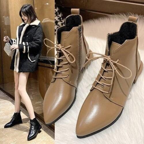 2021 Pointed Ankle Boots Autumn Winter Fashion Thick Heel Platform Shoes Lace Up British Style Pointed Toe Chelsea Boots Women