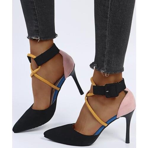 2021 New Fashion Sandals Pointed Toe Color Matching Buckle Stiletto High Heel Women Shoes Roman Shoes