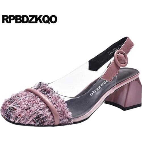 Square Toe Thick 2021 Pink Ladies Pumps Footwear Women Medium Heels Vintage Size 4 34 High Shoes Block Slingback Sandals Chunky
