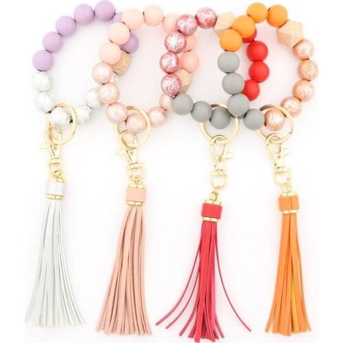 Leather Tassel Keychain Multicolor Printed Wooden Beads Bangle Bracelets Car Bag Hanging Pendant Summer Sweet Jewelry For Women