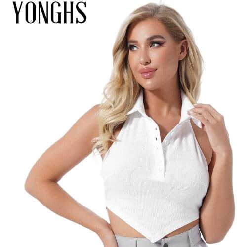 Womens Turn-down Collar Sleeveless Crop Top Fashion Tank Tops Asymmetric Hem Halter Neck Backless Ribbed Button T-shirt Vest Top