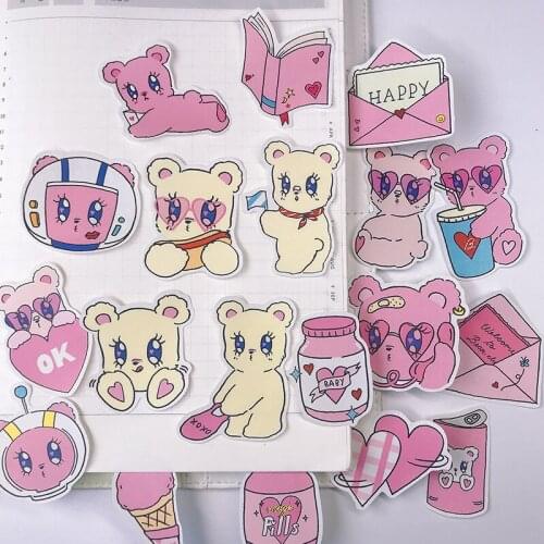 22PCS Pink bear account sticker hand account material girl heart sweet diary decoration refrigerator skateboard stickers